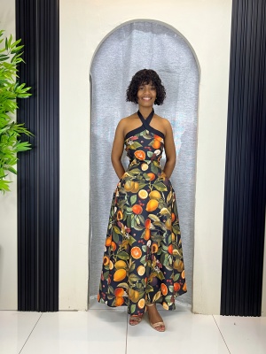 Sicily Citrus Halter Maxi Dress - Fruit Print
